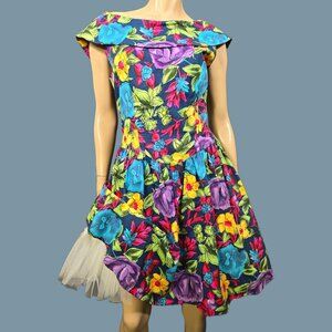 Vintage 80s Floral Swing Dress Size M Crinoline Fit Flare Summer Party Prom